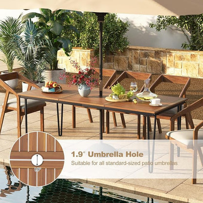 Tangkula 79 Inch Outdoor Dining Table for 8, Acacia Wood 8-Person Patio Table with 1.9 Inch Umbrella Hole, Metal Legs & Adjustable Foot Pads, Rectangular Outside Table for Garden, Poolside & Backyard