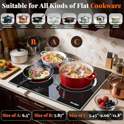 24 Inch Electric Cooktop, 3 Burner Built-in Ceramic Stove Top 220V-240V, 5700W Radiant Electric Cook Top with Touch Control, Timer, Safety Lock, 220V Hard Wired (No Plug)