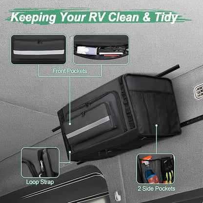 24" RV Overhead Storage Cabinet, Soft-Sided Overhead Organizer for Vans, RV Organizer Storage Cabinet Compatible with Mercedes-Benz Sprinter, Ford Transit & RAM Promaster Vans, Black