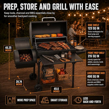 Realcook Charcoal Grill with Offset Smoker: Spacious Barrel Charcoal Grills with 800 Sq. In. Cooking Space - BBQ Offset Smoker Combo for Backyard Parties Weekend Barbecues Gatherings