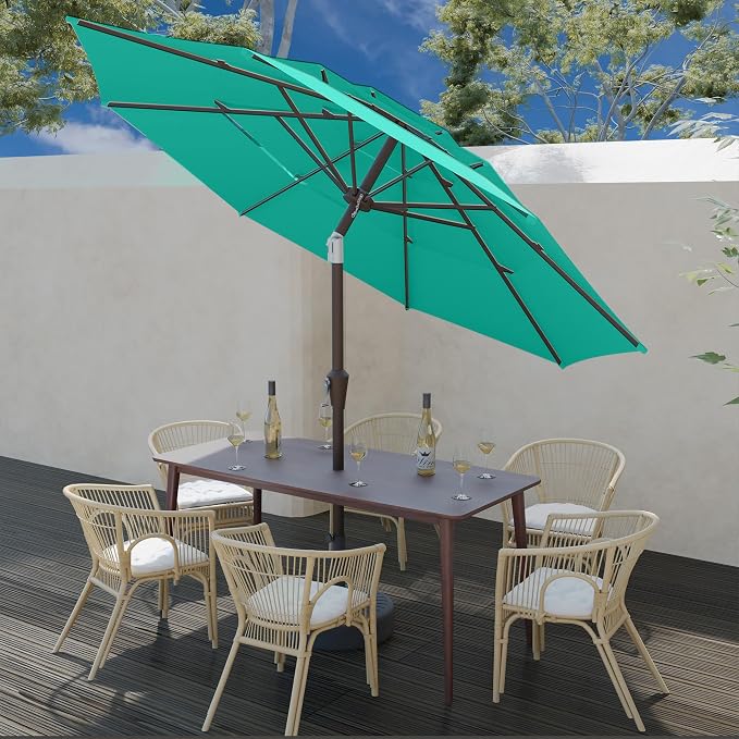 9FT 3 Tiers Patio Umbrella With Auto Tilt And Crank, Outdoor Table Market Umbrella with 8 Sturdy Ribs for Garden, Lawn, Deck, Backyard and Pool