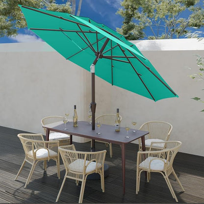 9FT 3 Tiers Patio Umbrella With Auto Tilt And Crank, Outdoor Table Market Umbrella with 8 Sturdy Ribs for Garden, Lawn, Deck, Backyard and Pool