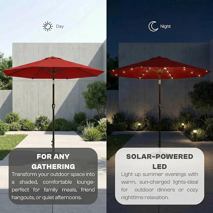 11FT Solar Lighted Patio Umbrella, Outdoor Table Market Umbrellas with Crank Lift, 32 LED Lights, 8 Sturdy Ribs, UV-Resistant for Deck, Garden, Pool