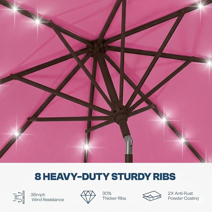 10FT Solar Lighted Patio Umbrella, Outdoor Table Market Umbrellas with Push Button Tilt and Crank, 32 LED Lights, 8 Sturdy Ribs, UV-Resistant for Deck, Garden, Pool