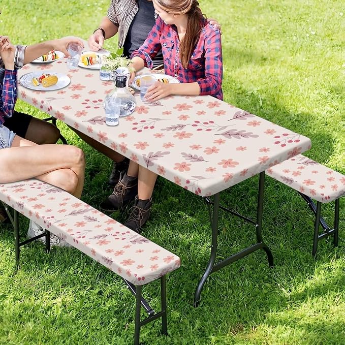 Picnic Table Cover for Outdoor BBQ Camping Floral Leave Elastic Picnic Table Cover with Bench Covers for Camping Party Supplies