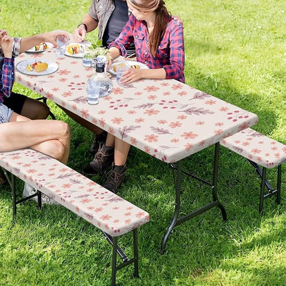Picnic Table Cover for Outdoor BBQ Camping Floral Leave Elastic Picnic Table Cover with Bench Covers for Camping Party Supplies