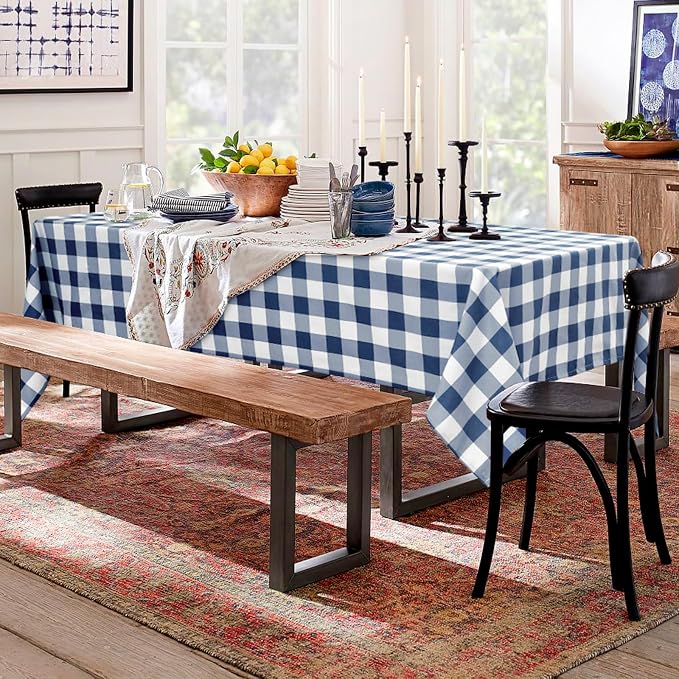 Hiasan Checkered Tablecloth Rectangle - Waterproof and Wrinkle Resistant Table Cloth for Picnic, Dinner and Party, Washable Polyester Fabric, 70 x 90 Inch, Navy Blue and White Gingham Pattern