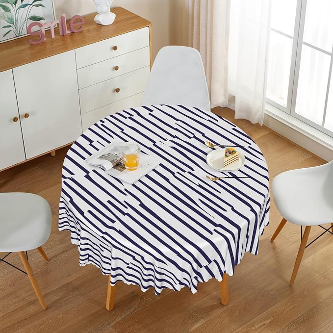 Navy Blue Stripes Tablecloth 60x60 Inch Round Abstract Irregular Striped Table Cloth Dining Circle Table Cover Dust-Proof Table Cover Protector for Home Restaurant Picnic Camping BBQ