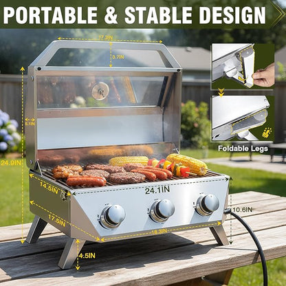 BESTFIRE 3-Burner Tabletop Gas Grill with Viewing Glass, 30,000 BTU Stainless Steel Portable Propane BBQ Grill with Thermometer, Professional Outdoor Cooking for Patio, Camping, RV and Tailgating