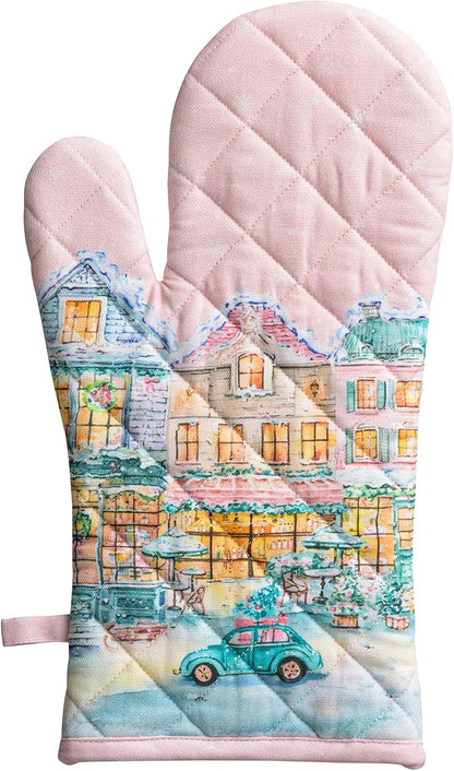 Maison d'Hermine Oven Gloves 100% Cotton Oven Mitt (7" x 13", Pack of 1) | With Loop Heat Resistant BBQ Cooking Gloves Baking Kitchen Handling Hot Pans Thanksgiving Christmas - Christmas Market - Pink