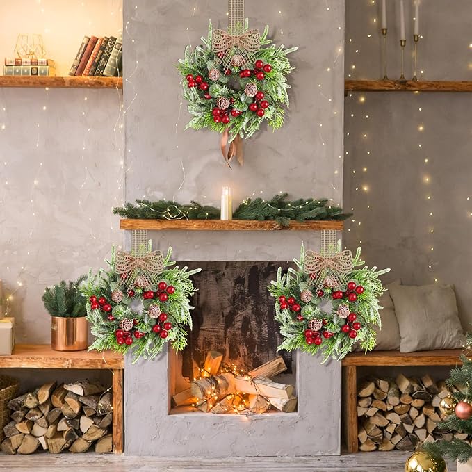 Dingion 12 Pcs Small Christmas Wreaths for Cabinet Kitchen Decor Mini Artificial Wreath 9 Inch Faux Garland with Burlap Ribbon for Vintage Retro Home Table Candle Porch Window Indoor Outdoor Decor