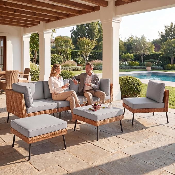 Aoxun 6-Piece Patio Furniture Set, Wicker Outdoor Furniture with Water Resistant Thick Cushions, Patio Conversation Set Outdoor Sectional Sofa with Coffee Table for Backyard Poolside, Light Grey