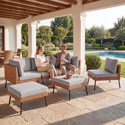 Aoxun 6-Piece Patio Furniture Set, Wicker Outdoor Furniture with Water Resistant Thick Cushions, Patio Conversation Set Outdoor Sectional Sofa with Coffee Table for Backyard Poolside, Light Grey