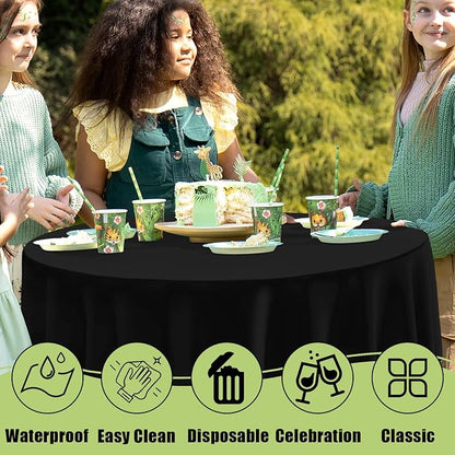 Smiry Disposable Table Cloth - 6 Pack, 84 Inch Round Waterproof Tablecloths for Parties, Decorative Plastic Table Cover, Leakproof & Sturdy, Black