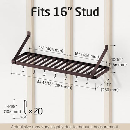 KES 75lb High-Capacity Oil Bronze Pot Rack Wall Mounted with Pot Lid Holder | 34 Inch Heavy-Duty Pots and Pans Hanging Rack with 20 Hooks, Drilling Template Provided for Easy Install
