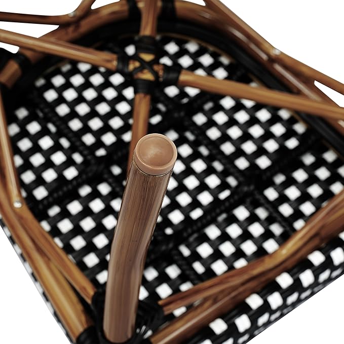 Flash Furniture Lourdes Indoor/Outdoor Commercial Thonet Bistro Stack Chair - Black/White PE Rattan Back and Seat - Natural Bamboo Print Metal Frame - 4 PK