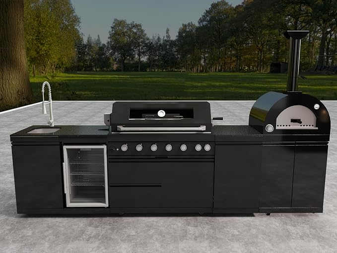 128" Outdoor Kitchen Island,Propane BBQ Grill with Pizza Oven,120,000 BTU. | Stainless Steel Grill with Rotisserie,Refrigerator,Sink,Granite Countertop,Storage Cabinets & Drawers.Sleek Black Finish