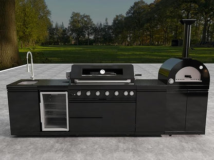 128" Outdoor Kitchen Island,Propane BBQ Grill with Pizza Oven,120,000 BTU. | Stainless Steel Grill with Rotisserie,Refrigerator,Sink,Granite Countertop,Storage Cabinets & Drawers.Sleek Black Finish