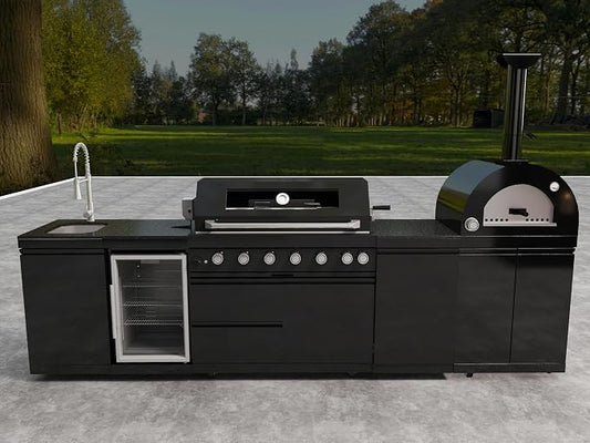 128" Outdoor Kitchen Island,Propane BBQ Grill with Pizza Oven,120,000 BTU. | Stainless Steel Grill with Rotisserie,Refrigerator,Sink,Granite Countertop,Storage Cabinets & Drawers.Sleek Black Finish