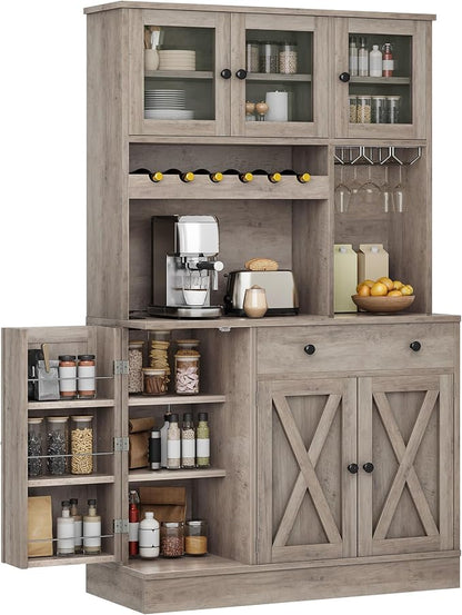 DWVO 71''H Pantry Cabinet with Drawer, Doors, Goblet Holder, Wine Rack for Storage, Pantry Cabinet with Power Outlet for Kitchen & Living Room (Grey Oak) | Tall Cabinet with Doors, Shelves & Drawer, Buffet Cabinet with Goblet Holder and Wine Rack for K...
