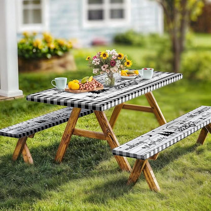 Picnic Table Cover with Bench Covers Elastic Edges, Camper Plaid Wooden Fitted Table Cover, Outdoor Patio Camping Essentials 72 Inch 3PCS, Waterproof Camping Fitted Tablecloth with Drawstring Bag