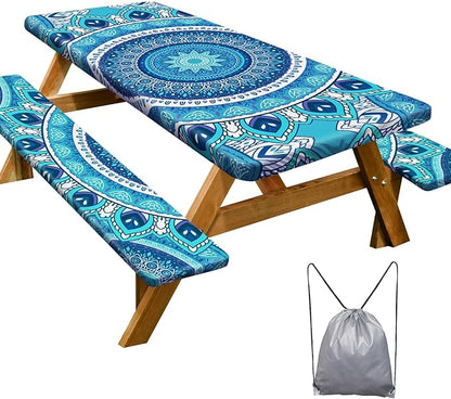 Picnic Table Cover Bench Covers Camping Essentials Tablecloth | Waterproof Vinyl for Outdoor, Windproof Elastic Fitted Edges, RV BBQ Accessories Must Haves, Storage Bag Included