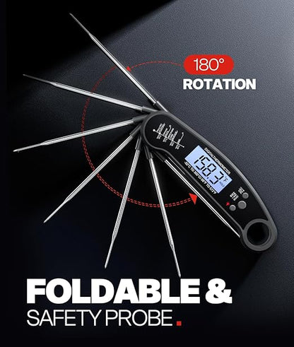 Meat Thermometer Digital – Instant Read Food Thermometer for Grilling, BBQ, Air Fryer, Smoker, Candy Making with Foldable Probe, Kitchen Gadgets, BBQ Essentials, Gift for Dad, Men, Black
