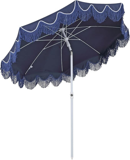 JONATHAN Y Mariner 6.5 ft. Solid Fringe Beach Umbrella, Navy/Blue | Push-Button Tilt, UV 50 Protection, Matching Carry Bag, White Iron Pole, Wind Vent, Scalloped Round Canopy