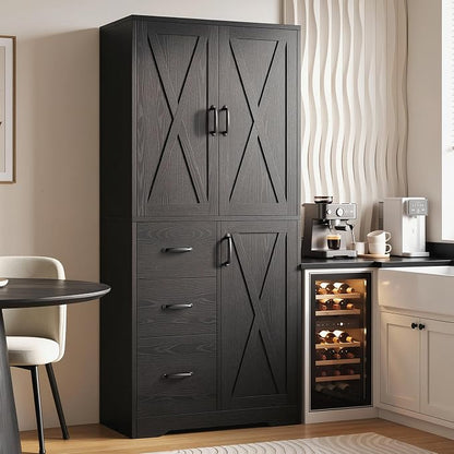 IRONCK Pantry Cabinet, Kitchen Storage Cabinet with 3 Door & Drawer, Black | Adjustable Shelf. 67.5inch Tall. 5 Tier Freestanding. 150 lbs Per Shelf. Modern Style. FSC-certified Wood. Anti-tip.