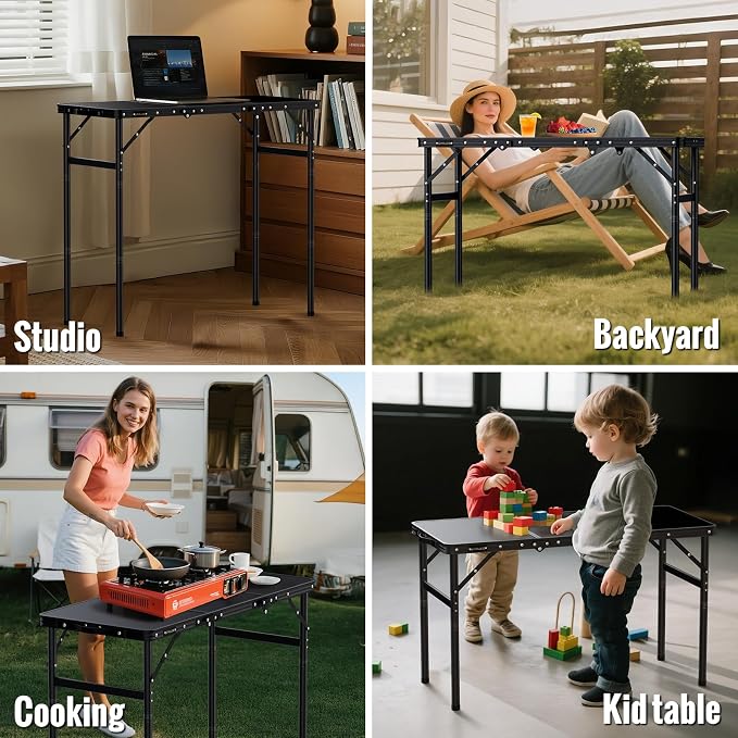 GARLLEN Folding Camping Table Max Capacity 66lbs, 3-Height Max 29.41" | Lightweight Folding Picnic Table, Aluminum Portable Outdoor Table for Grill, Camping, Threaded Install, 35.4" L x 15.7" W