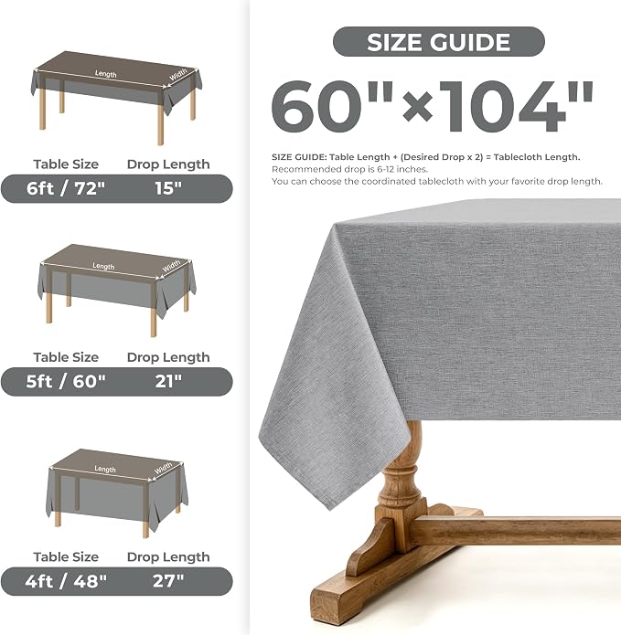 Decorelia Faux Linen Tablecloth for Dining Room, 60 x 104 Inch (8-10 Seats), Cool Grey