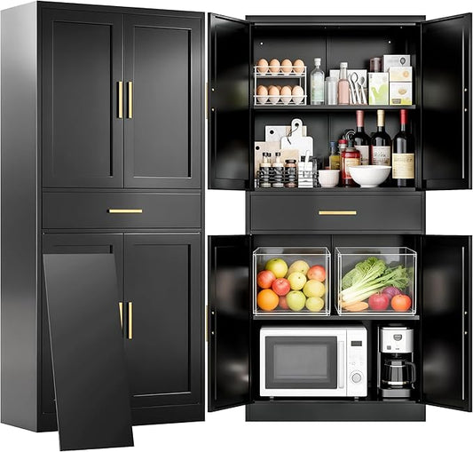 CJF 71" Metal Kitchen Pantry Cabinet with Drawer, Tall Storage Cabinet with 2 Adjustable Shelves and 4 Doors, Heavy Duty Freestanding Floor Cupboard for Home, Kitchen, Dining, Living, Black