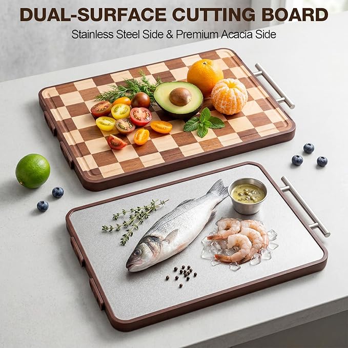 2 Pcs Checkered Cutting Board for Kitchen, 2 Sizes End Grain Wooden Cutting Board with Juice Grooves Handles,Charcuterie Checkered Chopping,Double Sided for Cooking, Serving, Meat,Vegetables