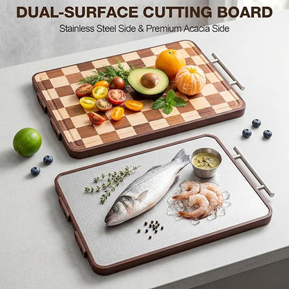 2 Pcs Checkered Cutting Board for Kitchen, 2 Sizes End Grain Wooden Cutting Board with Juice Grooves Handles,Charcuterie Checkered Chopping,Double Sided for Cooking, Serving, Meat,Vegetables