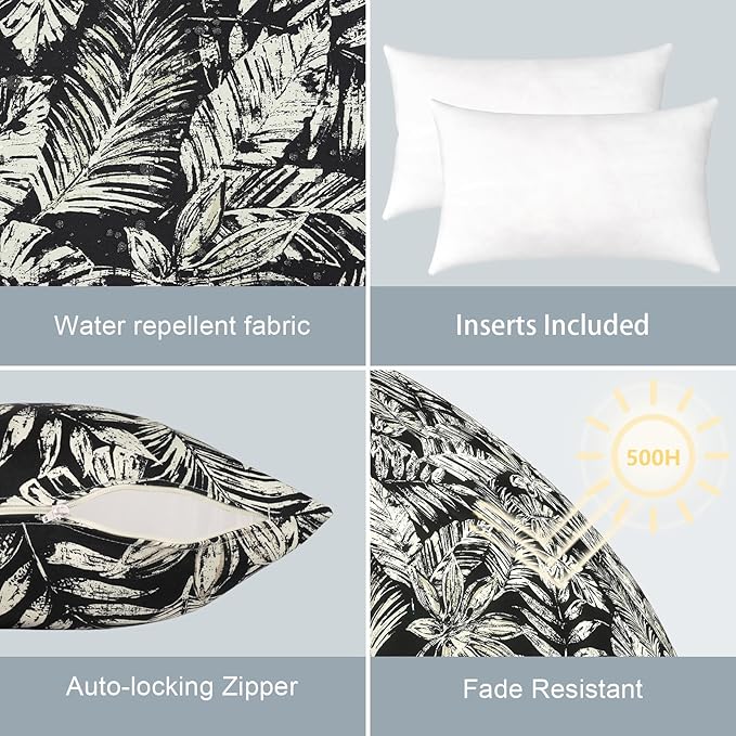 LVTXIII Outdoor/Indoor Lumbar Pillows, Decorative Patio Lumbar Cushions, Fluffy Water Repellent Garden Cushions for Home Patio Coach Sofa Use, 12×20 Inch, Pack of 2, Tropical Leaf Black