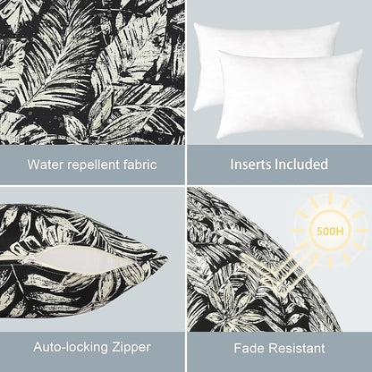 LVTXIII Outdoor/Indoor Lumbar Pillows, Decorative Patio Lumbar Cushions, Fluffy Water Repellent Garden Cushions for Home Patio Coach Sofa Use, 12×20 Inch, Pack of 2, Tropical Leaf Black