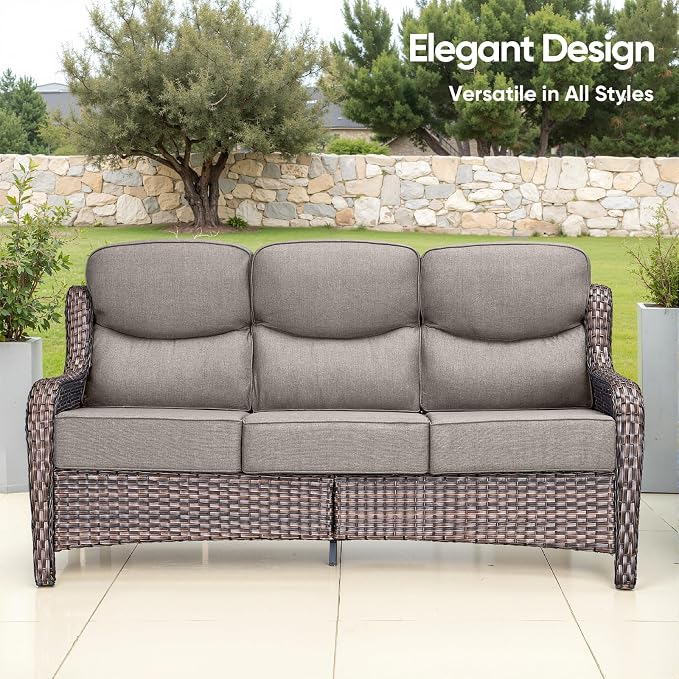 Luxury Patio Sofa 3-Seat Wicker Couch with 6" Thick Cushion - Outdoor Furniture Rattan Sofa with Deep Seating High Back Outdoor Sofa for Patio Garden Balcony Sunroom Backyard, Brown Grey