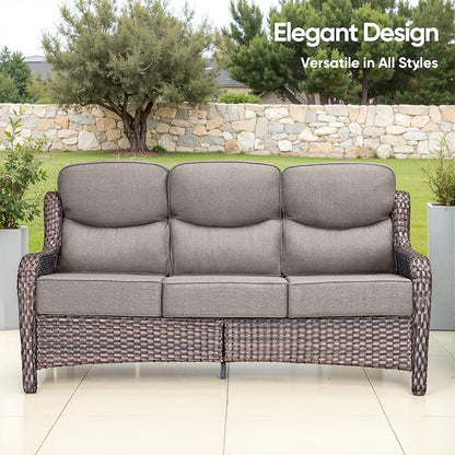 Luxury Patio Sofa 3-Seat Wicker Couch with 6" Thick Cushion - Outdoor Furniture Rattan Sofa with Deep Seating High Back Outdoor Sofa for Patio Garden Balcony Sunroom Backyard, Brown Grey