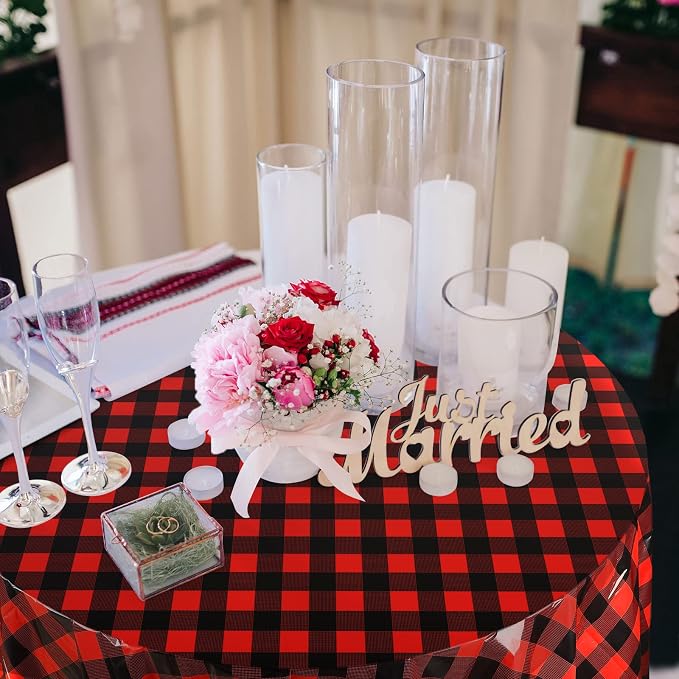 Disposable Checkered Tablecloth Round Plastic Buffalo Plaid Table Cloth 84'' Gingham Tablecover for Picnic Camping BBQ Graduation Party (Red and Black,3 Pieces)
