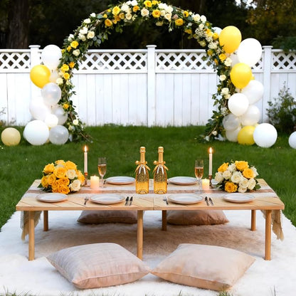 Folding Picnic Table with Boho Table Runner 60" x 30" Wooden Low Table, Portable for Indoor Outdoor Use Ideal for Camping Beach Weddings Garden Parties (Seats 6)