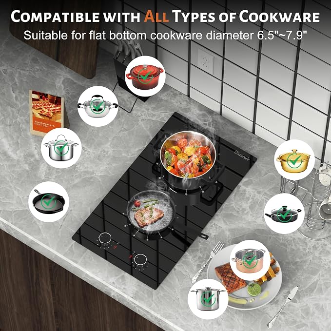 2 Burner Electric Cooktop 110V Portable Plug in 2000W | 12 Inch Two Burner Electric Stove Built-in & Countertop, Knob Control, Over Heat Protection, 9 Power Level, 120V Portable