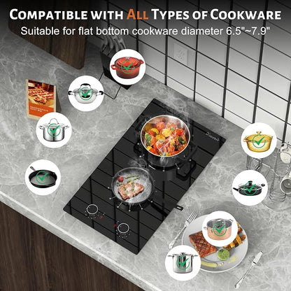 2 Burner Electric Cooktop 110V Portable Plug in 2000W | 12 Inch Two Burner Electric Stove Built-in & Countertop, Knob Control, Over Heat Protection, 9 Power Level, 120V Portable