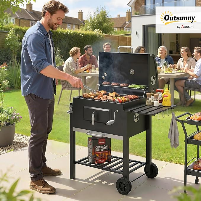 Outsunny Charcoal BBQ Grill, Outdoor Portable Cooker for Camping or Backyard Picnic with Side Table, Bottom Storage Shelf, Wheels and Handle, Black