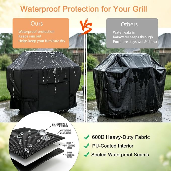 NettyPro Grill Cover for Outdoor Grill 48 Inch Waterproof Heavy Duty, Black | 2-3 Burner Gas BBQ Cover for Outside, UV Protection, Windproof Strap, Air Vent, Fits Weber, Char-Broil, Brinkmann Barbecue