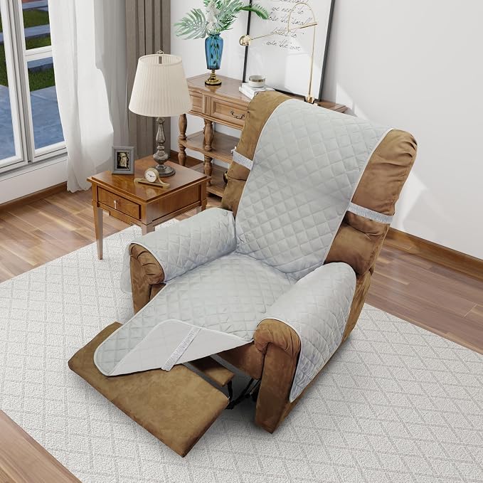 Reversible Chair Covers for Recliner Oversized, Light Grey | Recliner Oversized Covers for Living Room with Elastic Straps, Water Repellent, Chair Protectors Covers for Dogs