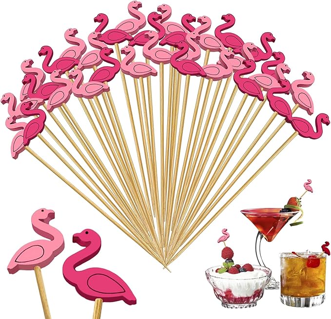 150 PCS Cocktail Picks Cute Flamingo Handmade Sticks Wooden Fruit Toothpicks Party Decorations Appetizer Skewers for Valentine's Day