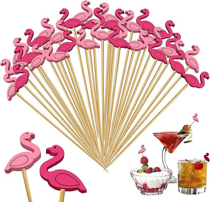 150 PCS Cocktail Picks Cute Flamingo Handmade Sticks Wooden Fruit Toothpicks Party Decorations Appetizer Skewers for Valentine's Day