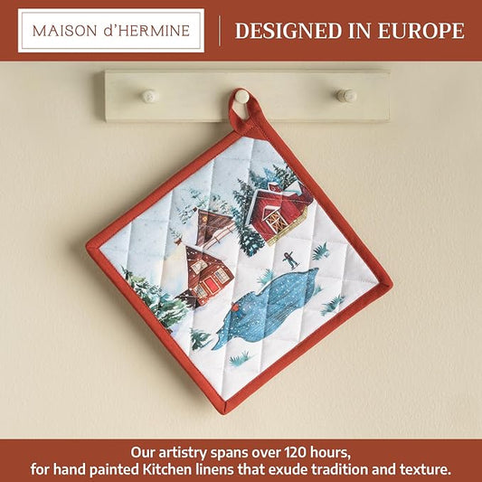 Maison d' Hermine Pot Holders 100% Cotton Potholders (8" x 8", Pack of 1) | Heat Resistant Hot Pads with Loop BBQ Cooking Baking Hotel Kitchen Handling Hot Pans Thanksgiving Christmas - Megeve