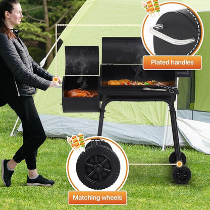 43" Barrel Charcoal Grill, Portable Grills BBQ Pit with Offset Smoker & Wheels Large Grilling Space for Outdoor Backyard, Patio and Parties, Black