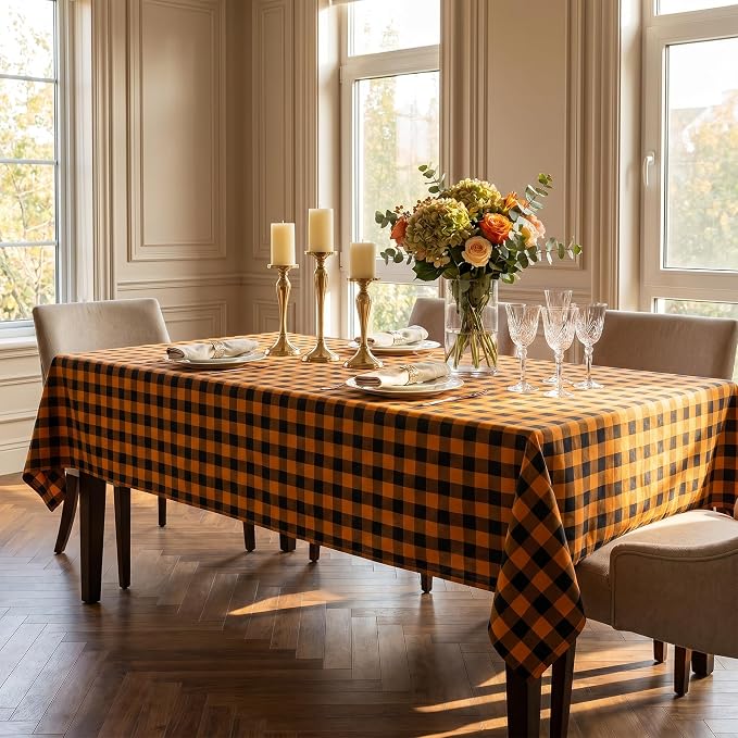 Waterproof Gingham Tablecloth, Checkered Fabric Table Cover for Kitchen Dining, Black & Orange Plaid Table Cloth, Rectangle Table Cloth for Indoor Outdoor Use, W60 x L102 in